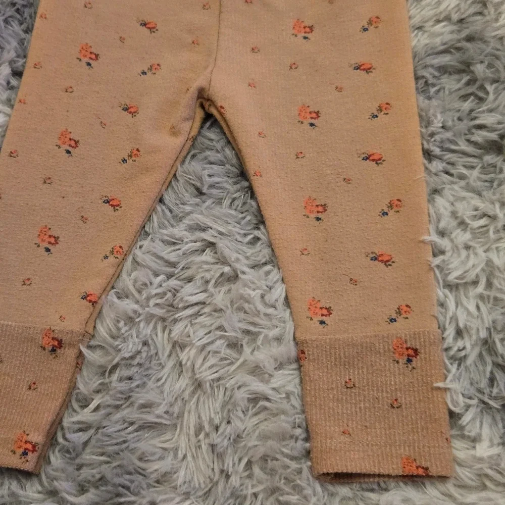 Zara Baby Floral Knit Leggings Tan Beige Flower Print Ribbed Cuffs 12-18‎ Months